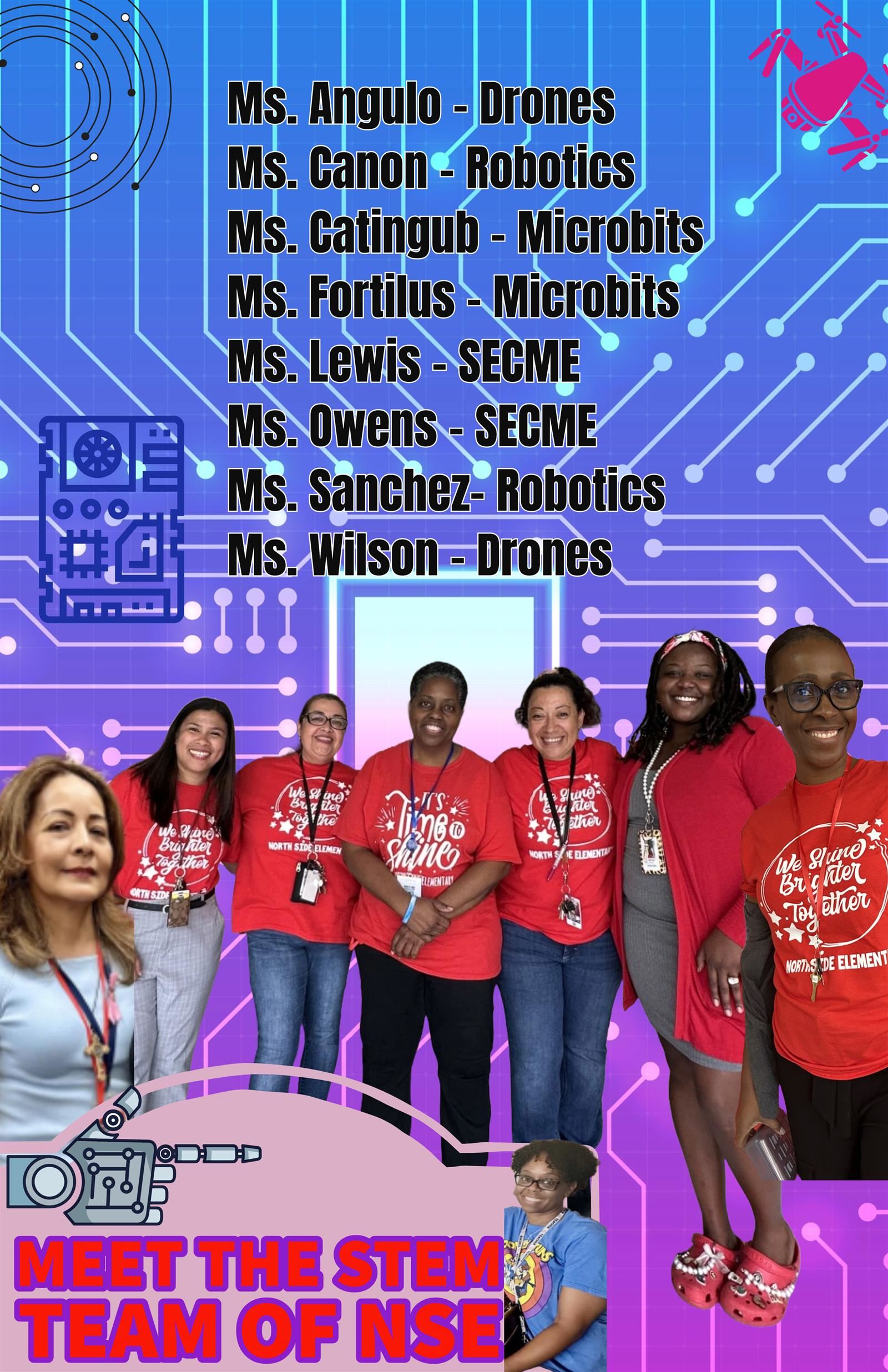 Meet the STEM team of NSE , MS ANGULO, MS CANON, MS CATINGUB, MS FORTILUS, MS. LEWIS, MS. OWENS, MS SANCHEZ & MS. WILSON